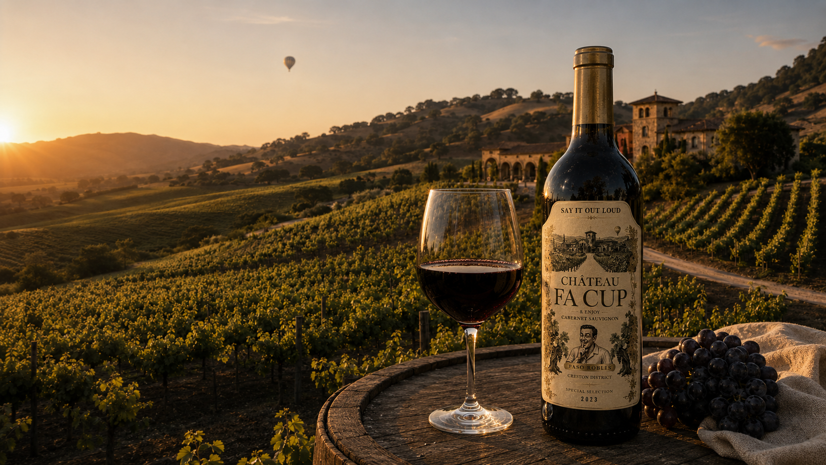 Château Fa Cup Cabernet with ripe grapes overlooking the vineyard
